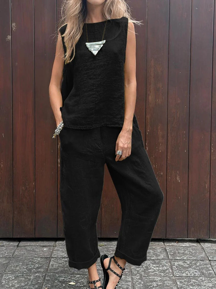 Sheila -Casual Solid Color Sleeveless Vest & Pants, Cotton-Linen Two Piece Set