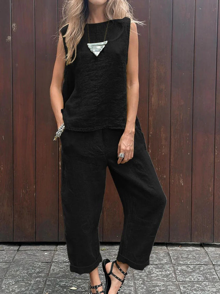 Sheila -Casual Solid Color Sleeveless Vest & Pants, Cotton-Linen Two Piece Set