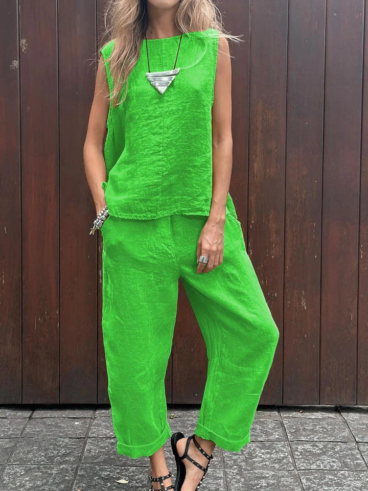 Sheila -Casual Solid Color Sleeveless Vest & Pants, Cotton-Linen Two Piece Set