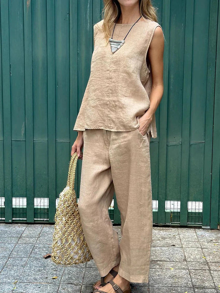 Sheila -Casual Solid Color Sleeveless Vest & Pants, Cotton-Linen Two Piece Set
