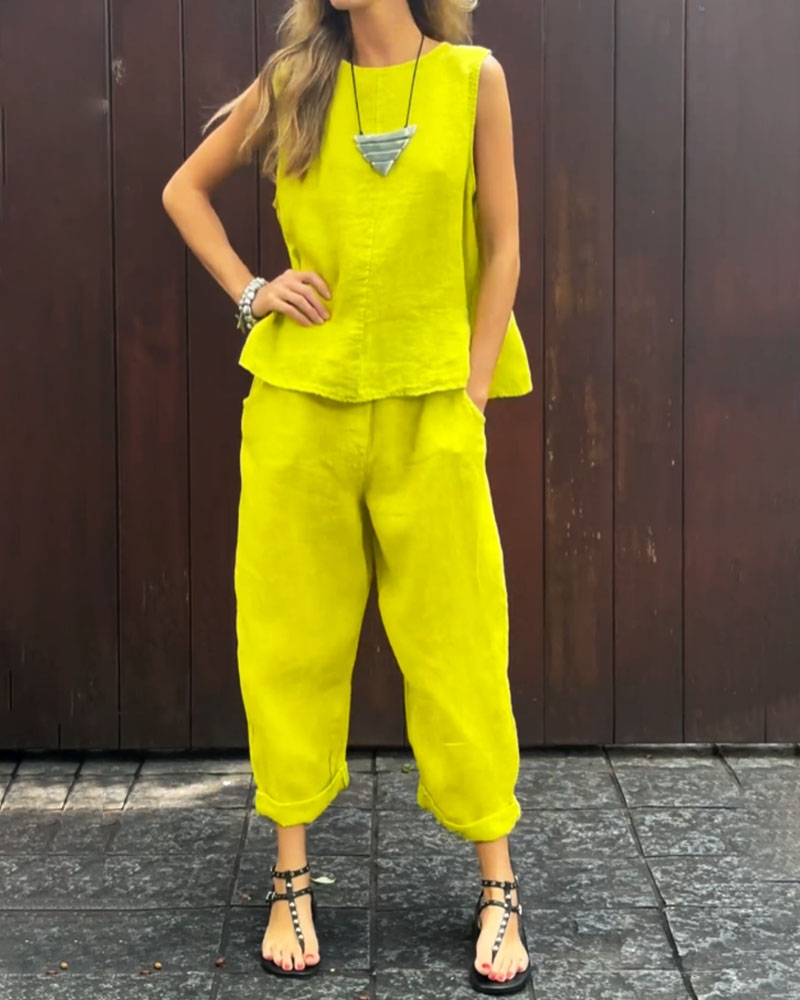 Sheila -Casual Solid Color Sleeveless Vest & Pants, Cotton-Linen Two Piece Set