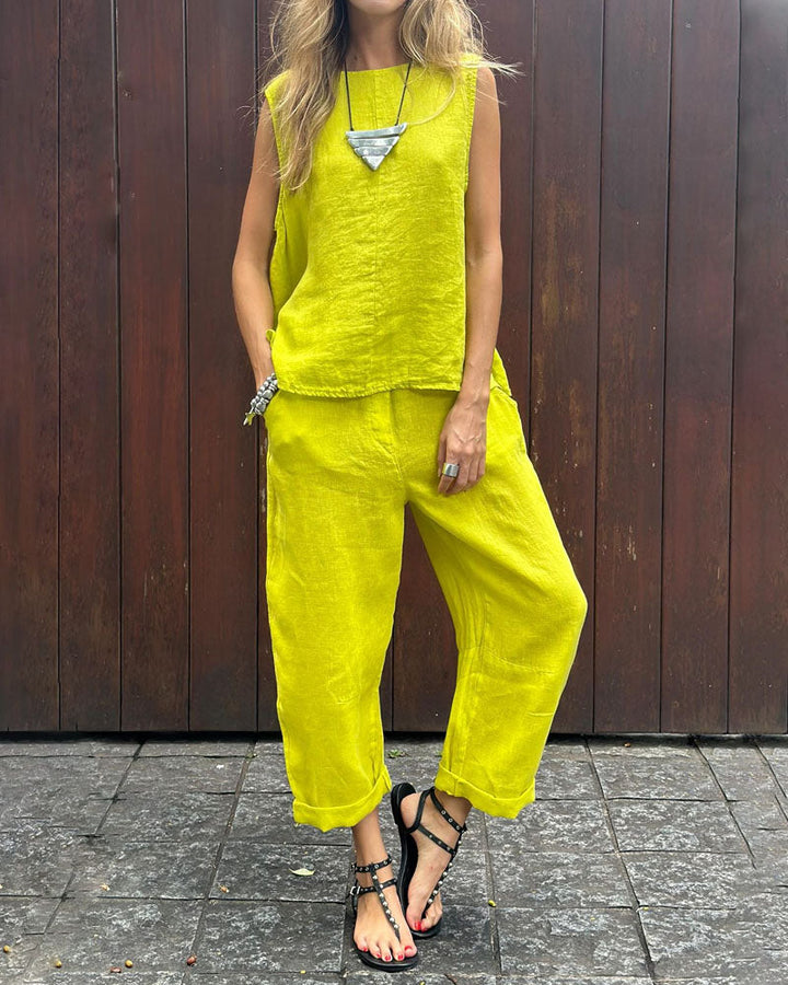 Sheila -Casual Solid Color Sleeveless Vest & Pants, Cotton-Linen Two Piece Set