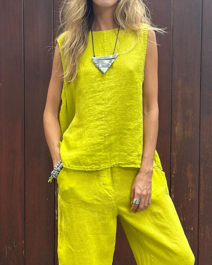 Sheila -Casual Solid Color Sleeveless Vest & Pants, Cotton-Linen Two Piece Set