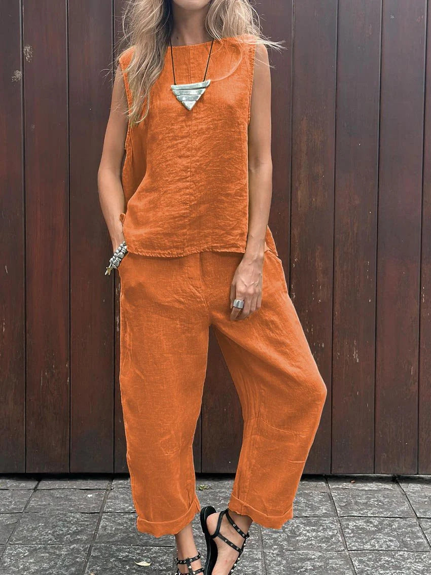 Sheila -Casual Solid Color Sleeveless Vest & Pants, Cotton-Linen Two Piece Set
